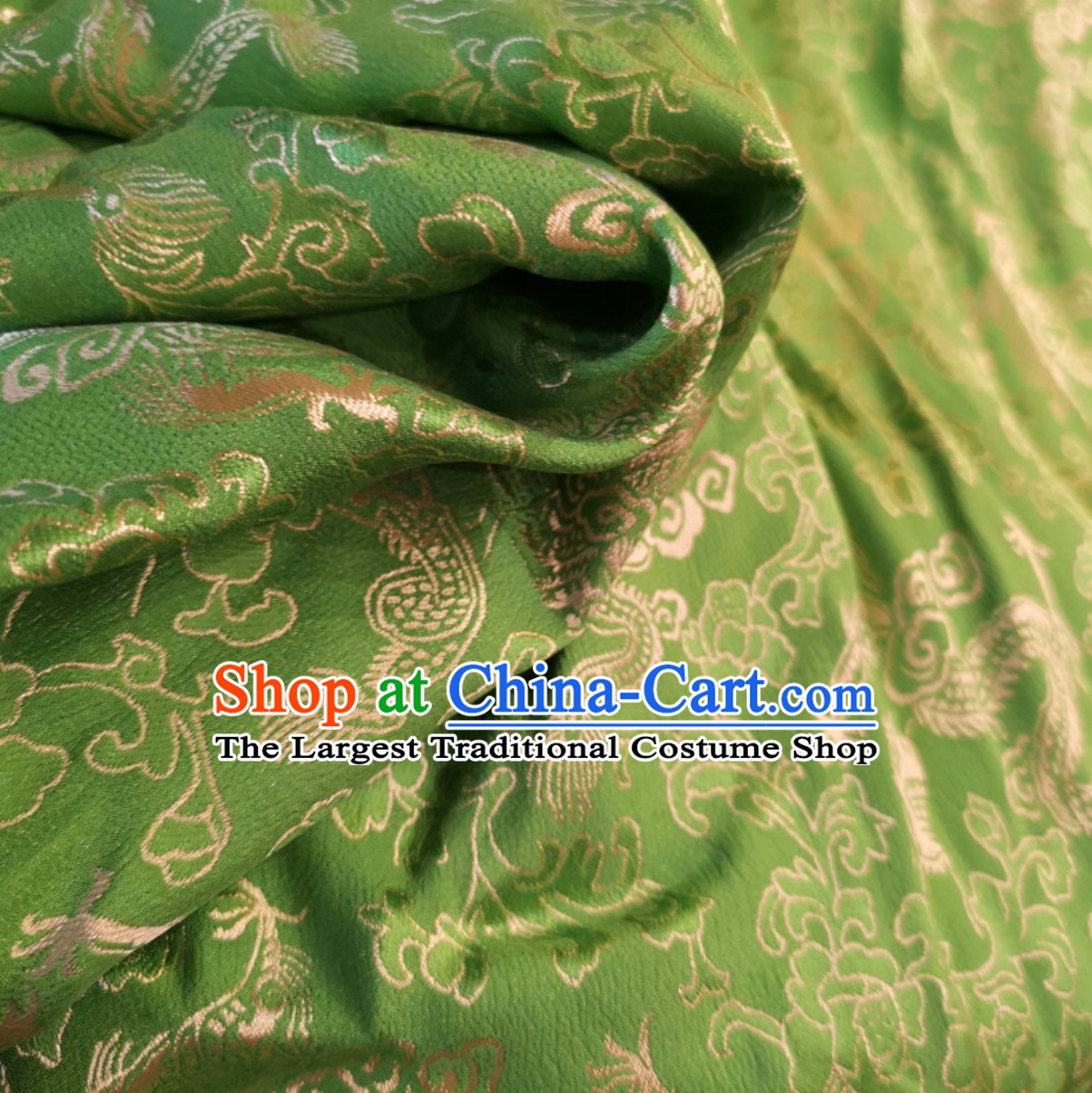 Green 100% Pure Silk Dragon Phoenix Pattern Fabric Chinese Royal Silk Fabrics