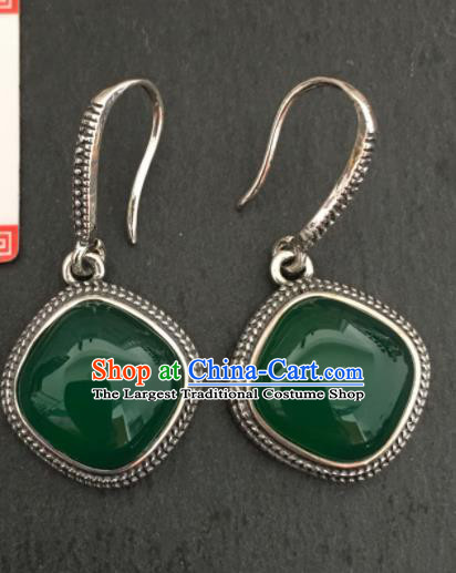Chinese Mongol Nationality Green Chalcedony Ear Accessories Traditional Mongolian Ethnic Sliver Earrings for Women