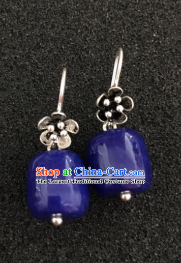 Traditional Chinese Mongol Nationality Blue Stone Ear Accessories Mongolian Ethnic Earrings for Women