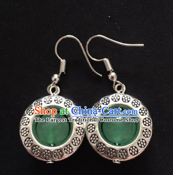 Chinese Mongol Nationality Green Ball Ear Accessories Traditional Mongolian Ethnic Sliver Earrings for Women