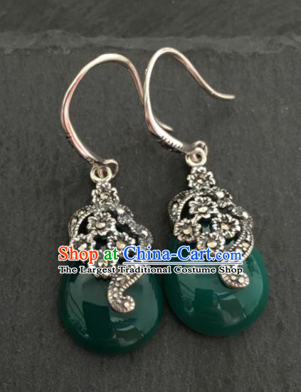 Chinese Mongol Nationality Green Jade Ear Accessories Traditional Mongolian Ethnic Sliver Earrings for Women