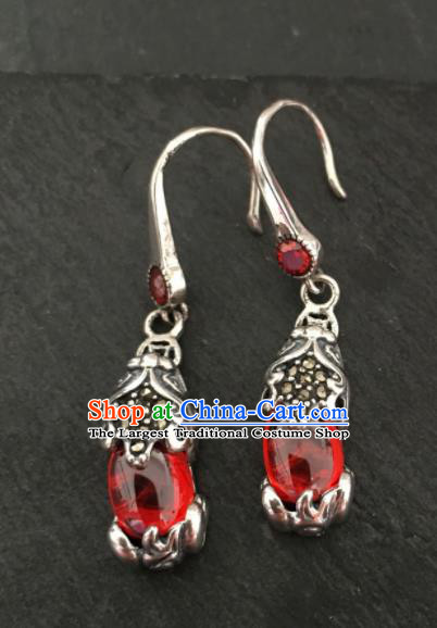 Chinese Mongol Nationality Red Garnet Ear Accessories Traditional Mongolian Ethnic Earrings for Women