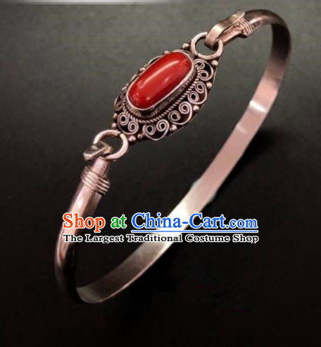 Traditional Chinese Mongol Nationality Ruby Bracelet Mongolian Ethnic Sliver Bangle Accessories for Women