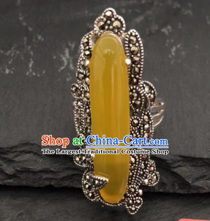 Traditional Chinese Mongol Nationality Yellow Chalcedony Ring Mongolian Ethnic Accessories for Women