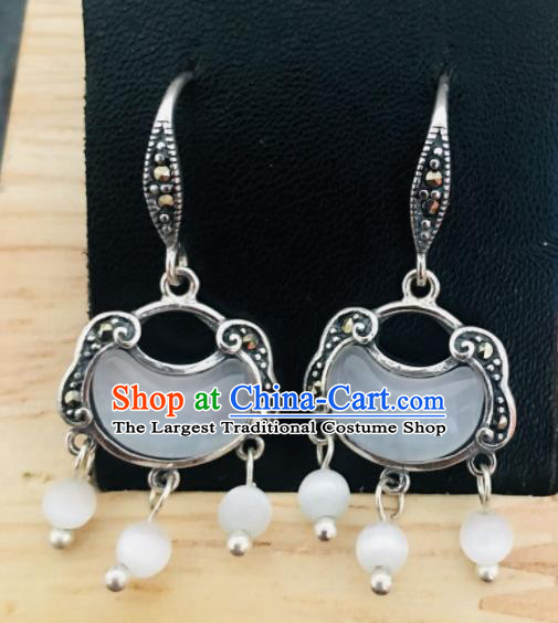 Chinese Mongol Nationality White Chalcedony Tassel Earrings Traditional Mongolian Ethnic Ear Accessories for Women