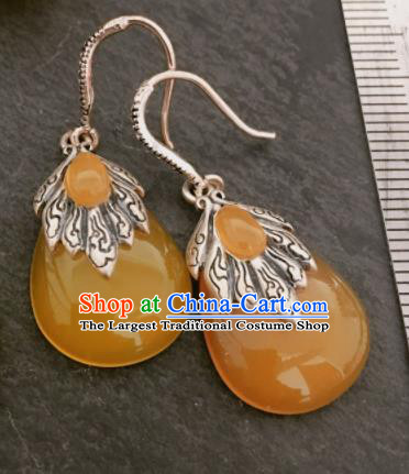 Chinese Mongol Nationality Yellow Chalcedony Earrings Traditional Mongolian Ethnic Ear Accessories for Women