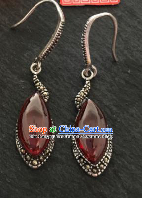 Chinese Mongol Nationality Garnet Ear Accessories Traditional Mongolian Ethnic Sliver Earrings for Women