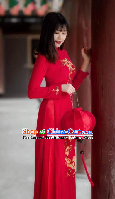 Vietnam Traditional National Wedding Red Ao Dai Dress Asian Vietnamese Cheongsam for Women