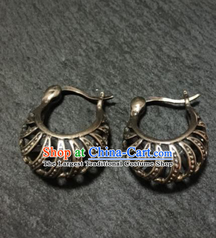 Chinese Traditional Mongol Nationality Carving Sliver Earrings Mongolian Ethnic Ear Accessories for Women