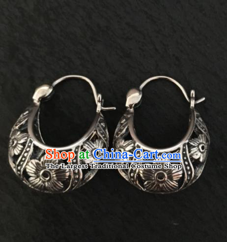 Chinese Traditional Mongol Nationality Carving Flowers Sliver Earrings Mongolian Ethnic Ear Accessories for Women