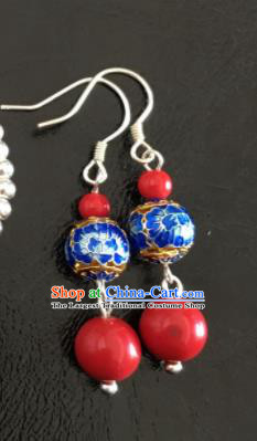 Chinese Traditional Mongol Nationality Cloisonne Earrings Mongolian Ethnic Sliver Ear Accessories for Women