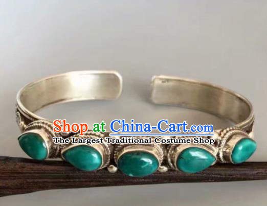 Chinese Traditional Mongol Nationality Turquoise Bracelet Mongolian Ethnic Sliver Bangle Accessories for Women