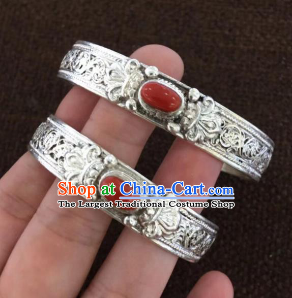 Chinese Traditional Mongol Nationality Red Stone Bracelet Mongolian Ethnic Sliver Bangle Accessories for Women