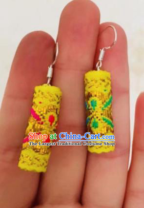 Chinese Traditional Ethnic Mongol Nationality Embroidered Yellow Earrings Mongolian Ear Accessories for Women
