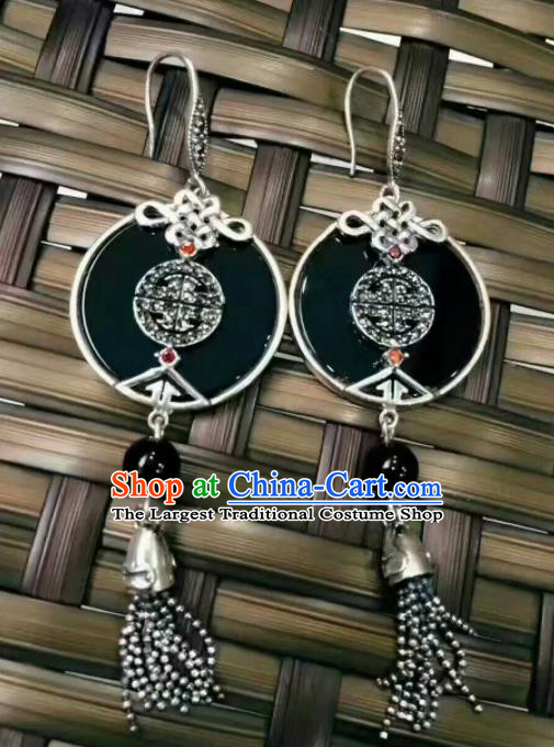 Chinese Traditional Ethnic Black Earrings Mongol Nationality Ear Accessories for Women
