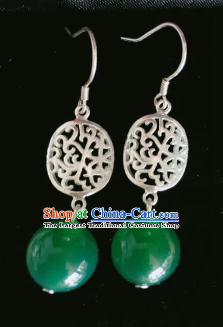 Chinese Traditional Mongol Nationality Green Bead Earrings Mongolian Ethnic Sliver Ear Accessories for Women