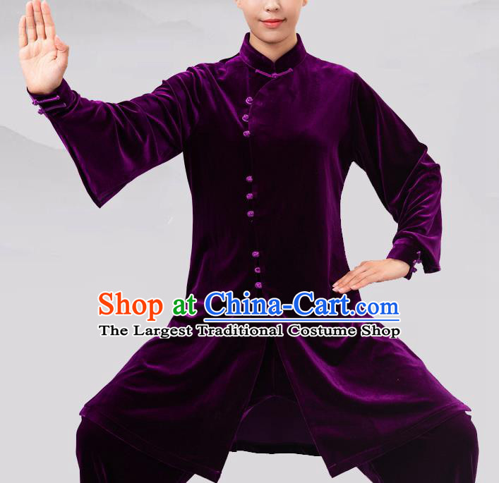 Traditional Chinese Martial Arts Competition Purple Velvet Costume Tai Ji Kung Fu Training Clothing for Women