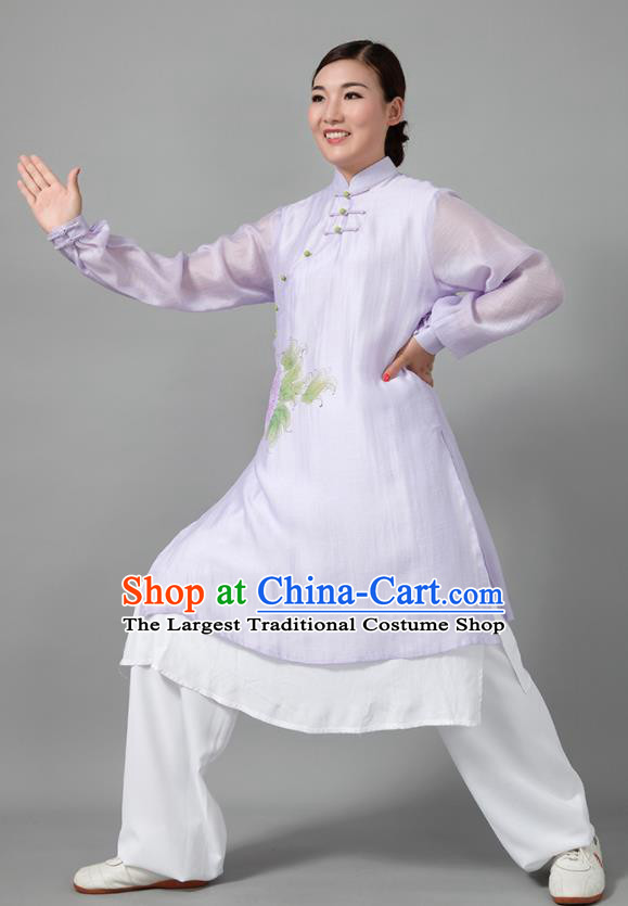 Traditional Chinese Martial Arts Printing Peony Purple Costume Tai Ji Kung Fu Competition Clothing for Women