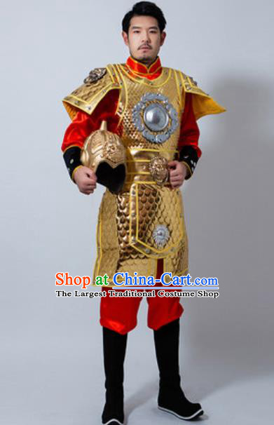 Chinese Ancient Drama Costume Han Dynasty General Golden Helmet and Armour Complete Set for Men