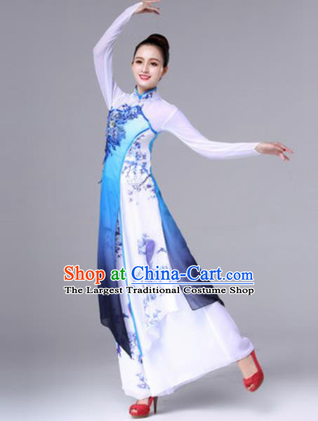 Chinese Traditional Umbrella Dance Costume Classical Dance Stage Performance Blue Dress for Women