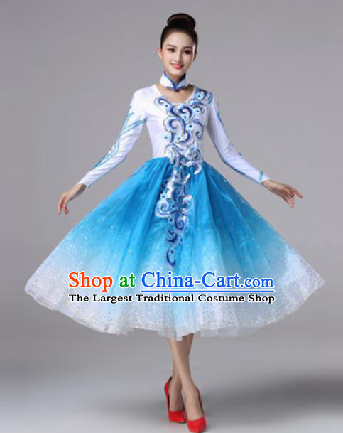 Top Grade Modern Dance Costume Traditional Spring Festival Gala Stage Performance Blue Bubble Dress for Women