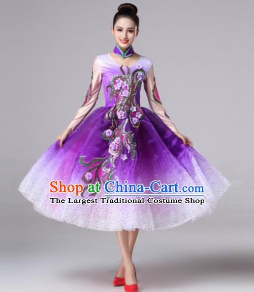 Top Grade Modern Dance Costume Traditional Spring Festival Gala Stage Performance Purple Bubble Dress for Women