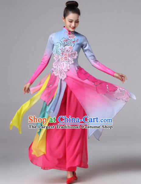 Chinese Traditional Umbrella Dance Costume Classical Dance Fan Dance Stage Performance Rosy Dress for Women
