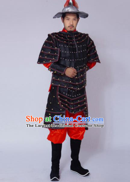 Chinese Ancient Drama Costume Yuan Dynasty General Black Helmet and Armour Complete Set for Men