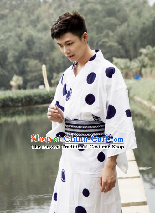 Japanese Traditional Handmade White Kimono Asian Japan Yukata Costume for Men