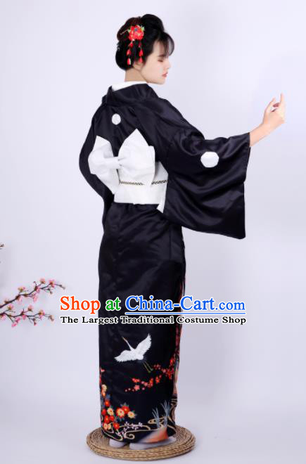 Japanese Traditional Handmade Printing Crane Black Kimono Dress Asian Japan Geisha Yukata Costume for Women