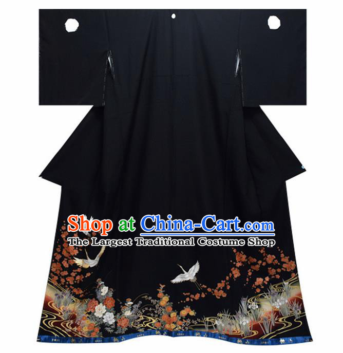 Japanese Traditional Handmade Printing Crane Black Kimono Dress Asian Japan Geisha Yukata Costume for Women