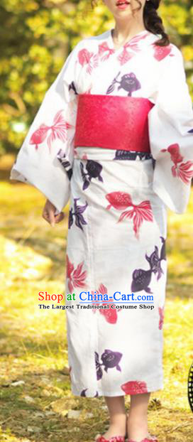 Japanese Traditional Handmade Printing Goldfish Kimono Dress Asian Japan Geisha Yukata Costume for Women
