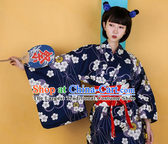 Japanese Traditional Handmade Printing Navy Kimono Dress Asian Japan Geisha Yukata Costume for Women