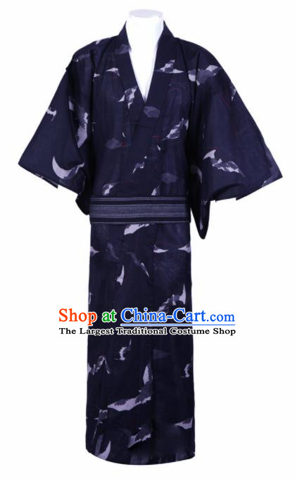 Japanese Traditional Handmade Printing Navy Kimono Robe Asian