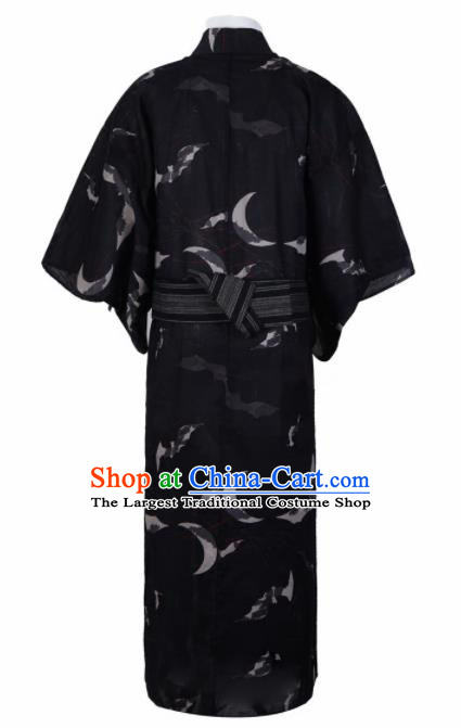 Japanese Traditional Samurai Printing Black Kimono Robe Asian Japan Handmade Warrior Yukata Costume for Men