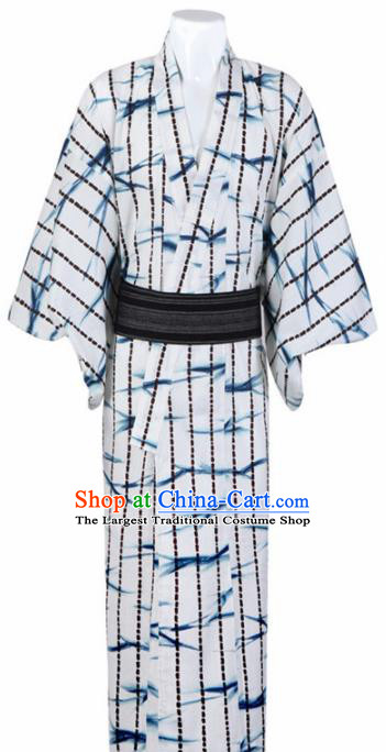 Japanese Traditional Samurai Printing Bamboo White Kimono Robe Asian Japan Handmade Warrior Yukata Costume for Men