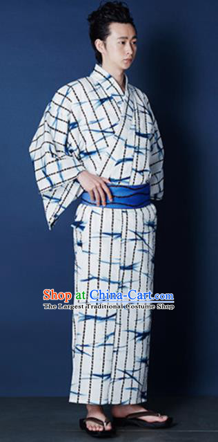 Traditional Japanese Samurai Printing Bamboo White Kimono Robe Asian Japan Handmade Warrior Yukata Costume for Men