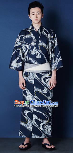 Traditional Japanese Samurai Printing Waves Navy Kimono Robe Asian Japan Handmade Warrior Yukata Costume for Men
