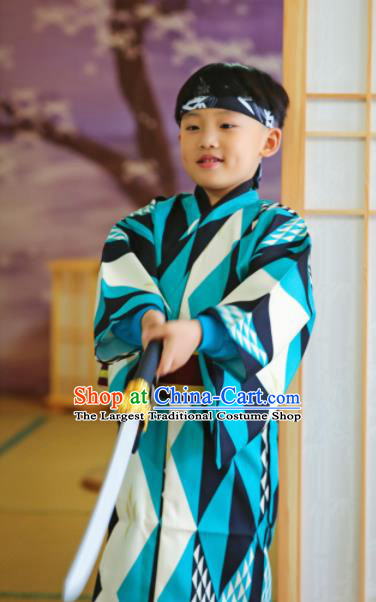 Japanese Traditional Handmade Kimono Asian Japan Boys Blue Yukata Costume for Kids