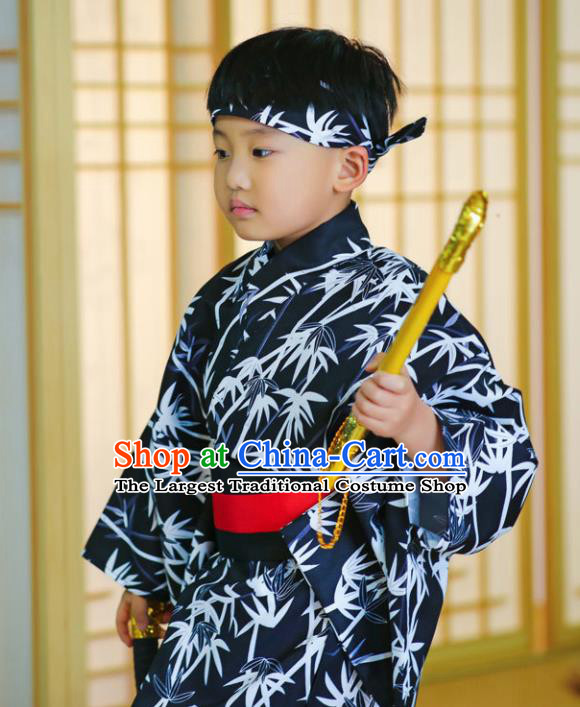 Japanese Traditional Handmade Kimono Asian Japan Boys Printing Bamboo Navy Yukata Costume for Kids