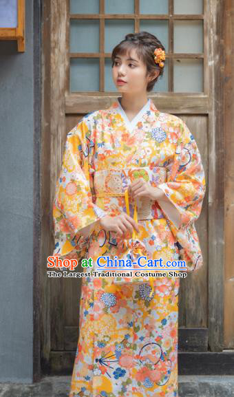 Handmade Japanese Traditional Costume Printing Yellow Furisode Kimono Dress Asian Japan Yukata for Women