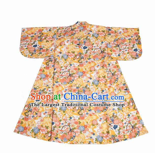 Handmade Japanese Traditional Costume Printing Yellow Furisode Kimono Dress Asian Japan Yukata for Women