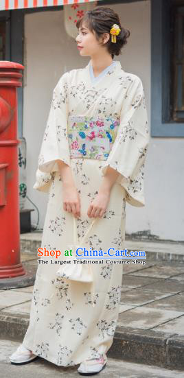 Handmade Japanese Traditional Costume Printing White Furisode Kimono Dress Asian Japan Yukata for Women