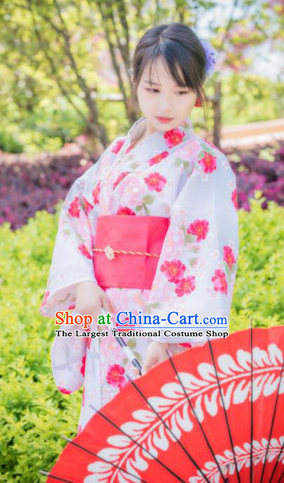 Japanese Traditional Costume Geisha Printing Pink Flowers Furisode Kimono Asian Japan Yukata Dress for Women
