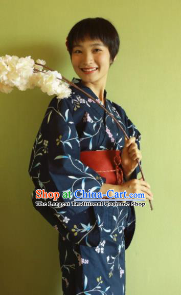 Japanese Traditional Costume Geisha Printing Navy Furisode Kimono Asian Japan Yukata Dress for Women
