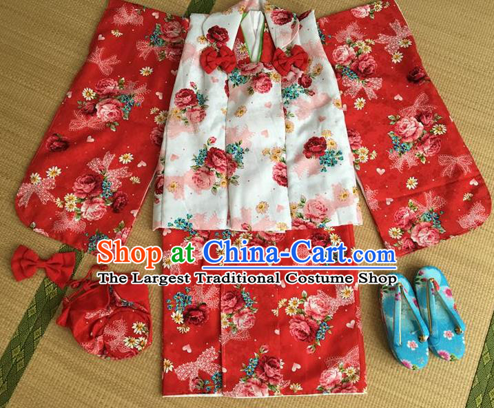 Japanese Traditional Handmade Printing Roses Red Kimono Dress Asian Japan Girls Yukata Costume for Kids