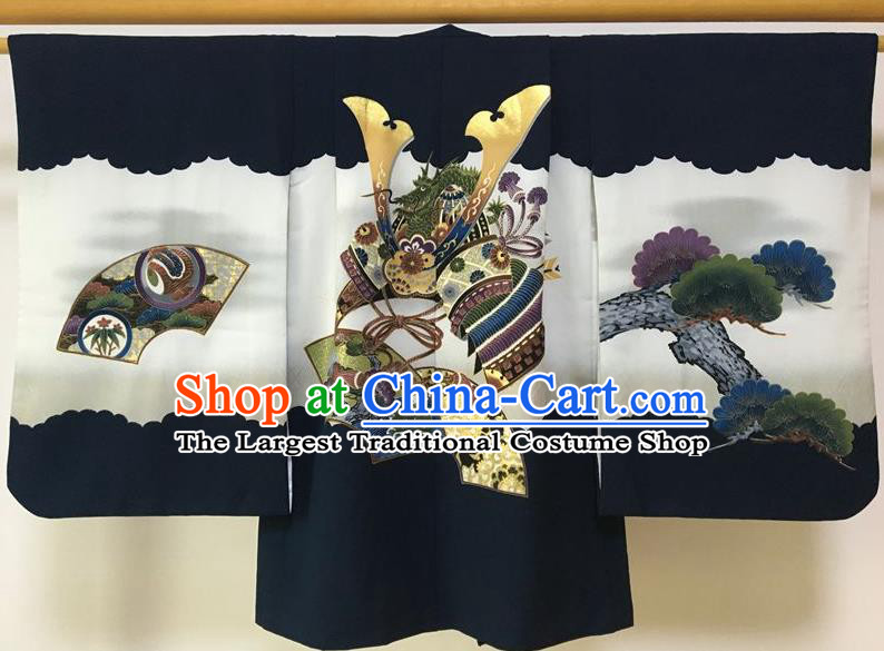 Japanese Traditional Handmade Printing Pine Black Haori Coat Kimono Asian Japan Boys Yukata Costume for Kids