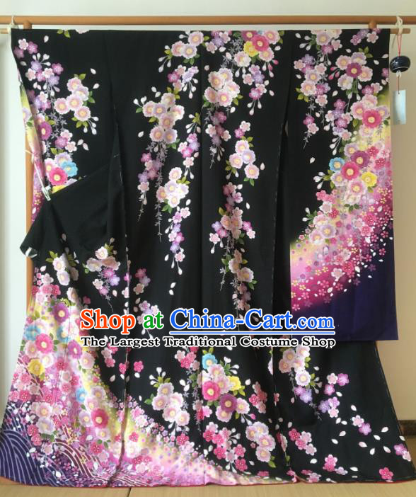 Japanese Traditional Wedding Black Furisode Kimono Asian Japan Geisha Yukata Dress Costume for Women