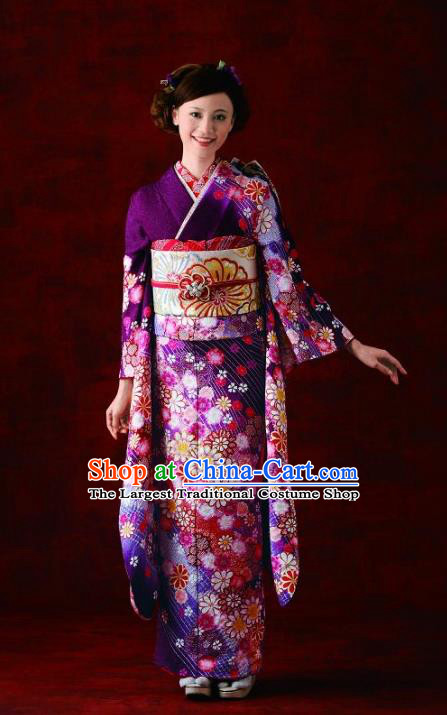 Japanese Traditional Purple Furisode Kimono Asian Japan Costume Geisha Yukata Dress for Women
