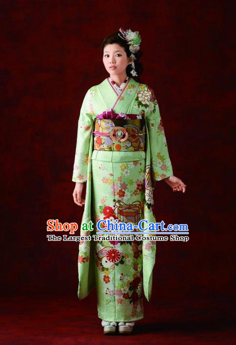 Japanese Traditional Printing Peony Green Furisode Kimono Asian Japan Costume Geisha Yukata Dress for Women